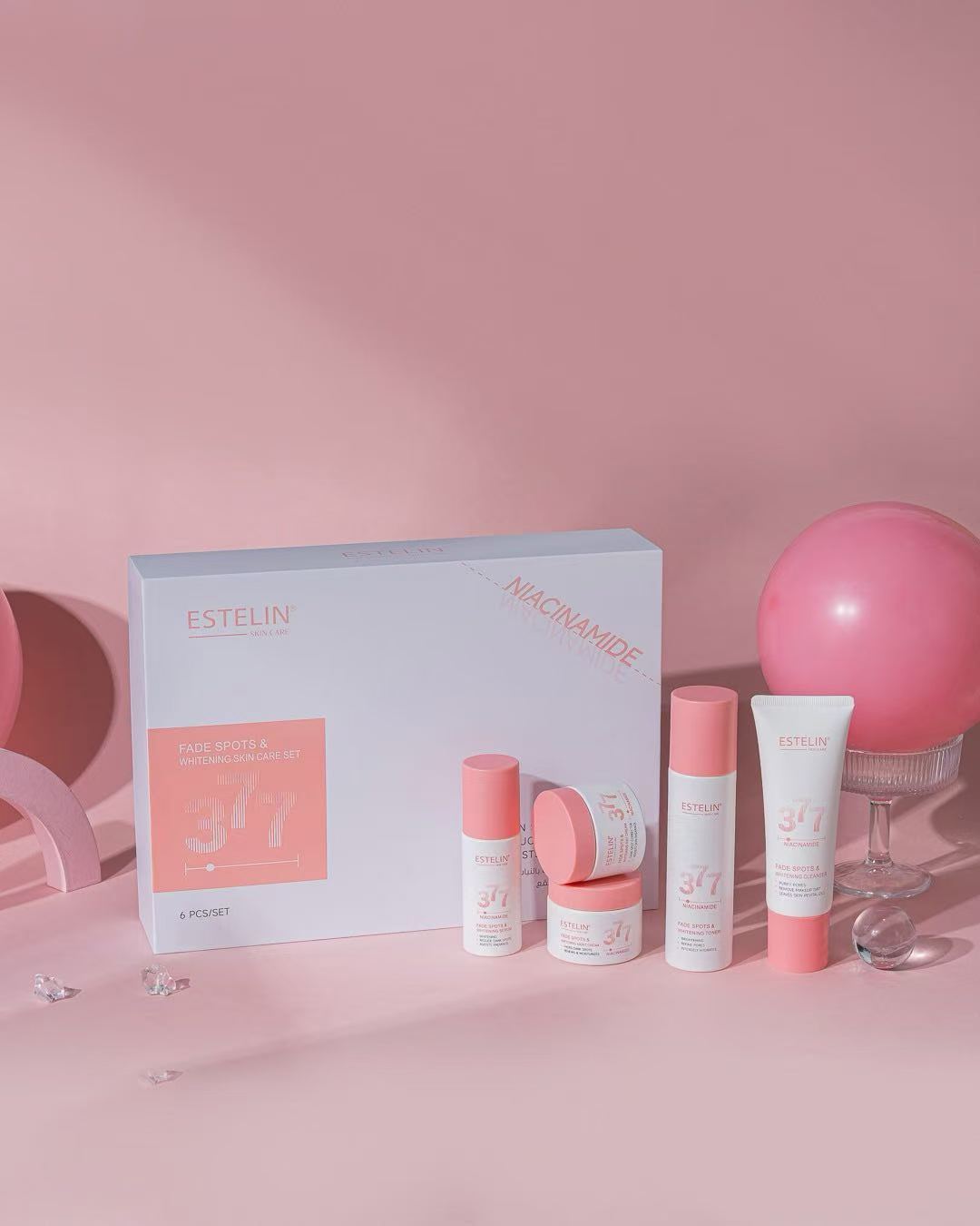 ESTELIN 377 Niacinamide Fade Spots & Brightening Skin Care Set (5 Pieces + Facial Roller)