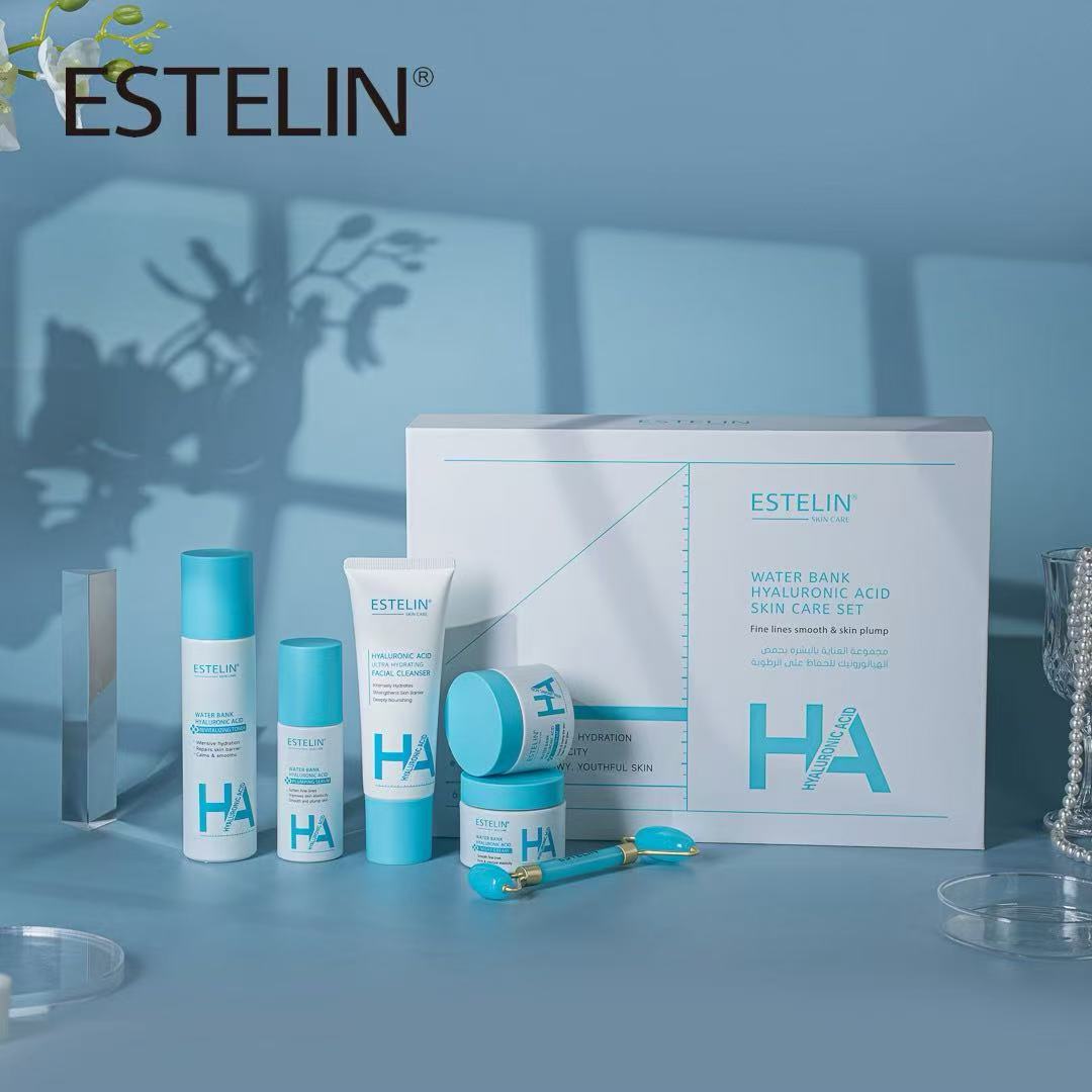 ESTELIN Water Bank Hyaluronic Acid Skin Care Set (5 Pieces + Facial Roller)